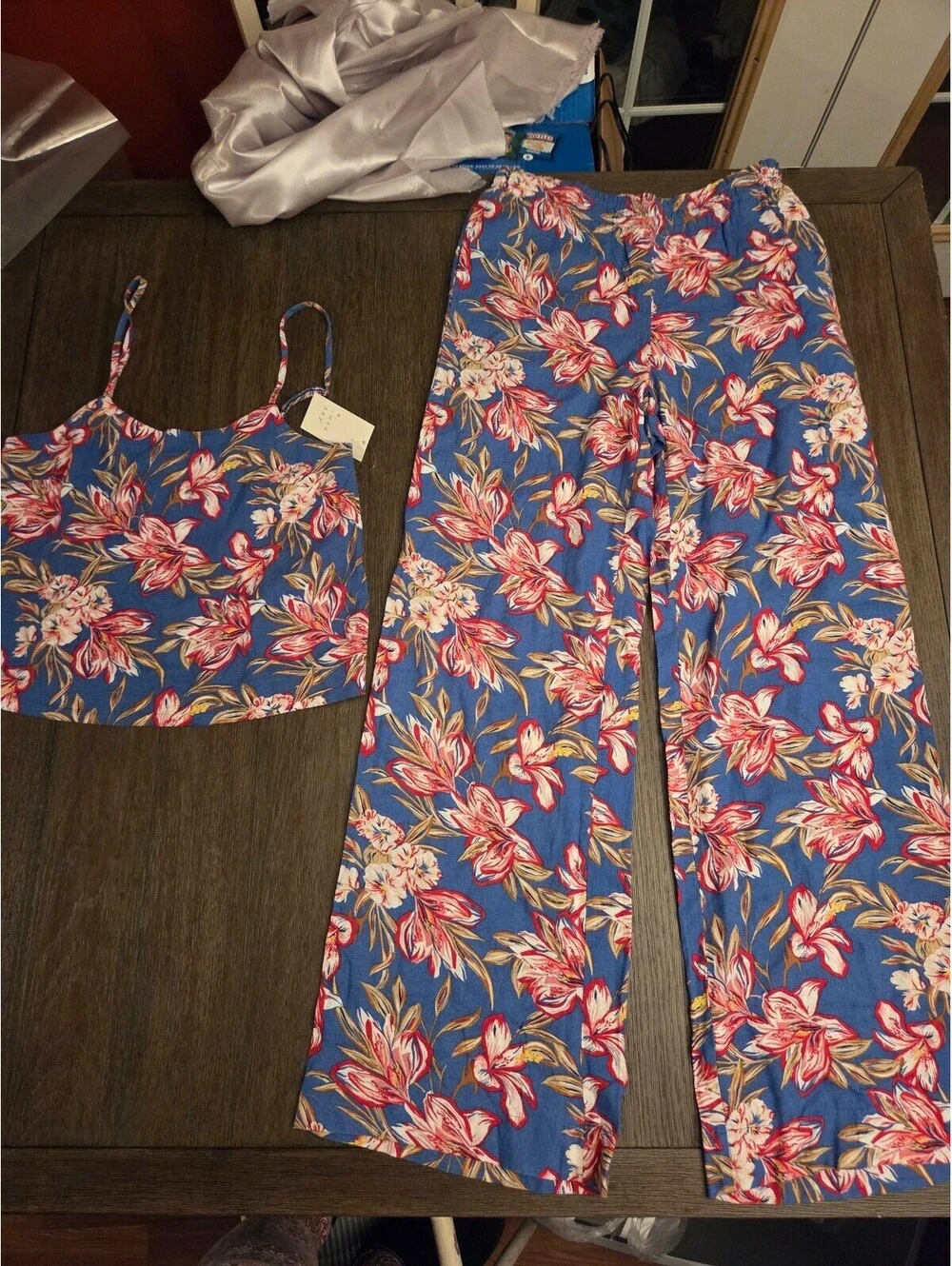 A New Day Women's Linen Blend Floral 2 Pc Set Tank Wide Leg Pants S Long NWT $55
